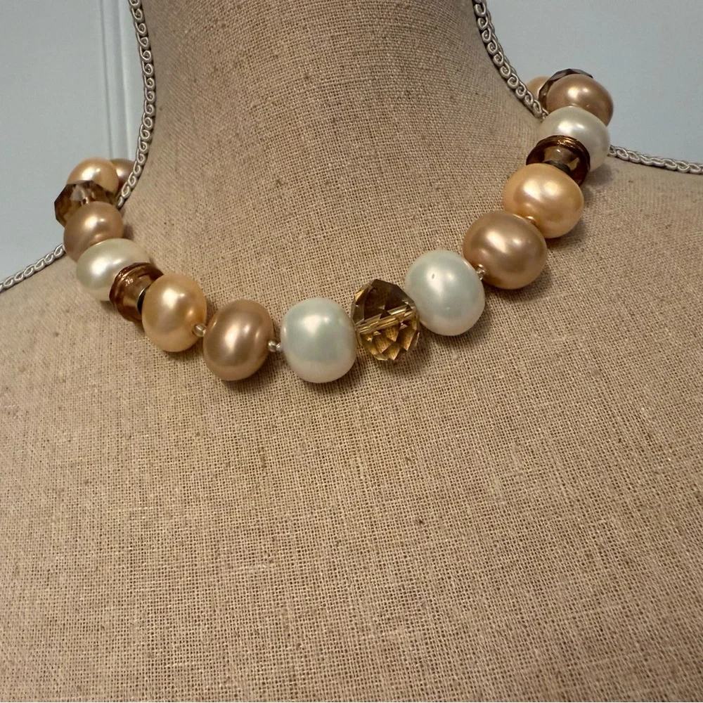 VINTAGE NECKLACE TRICOLOR FAUX GLASS PEARLS BEADS FAUX SMOKY QUARTZ CRYSTAL